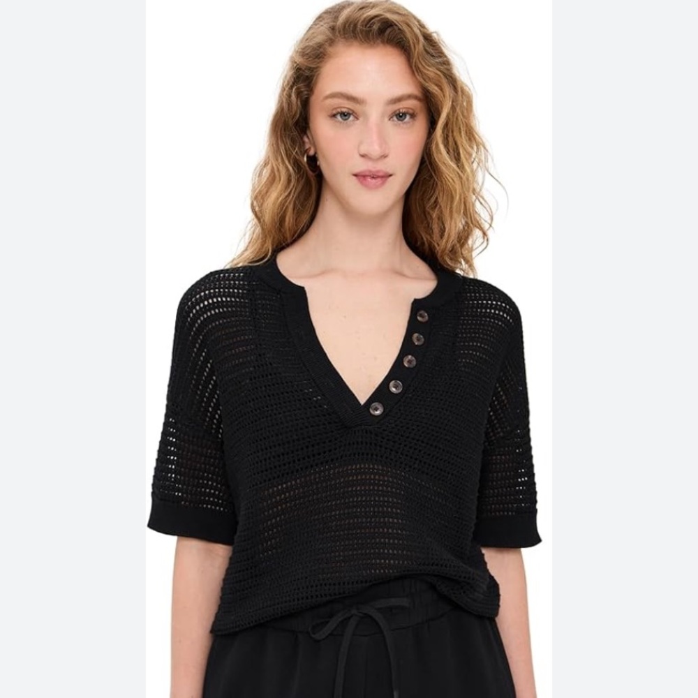 VARLEY Callie 100% cotton black knit button up top women’s medium